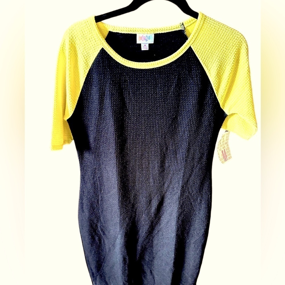 Lularoe medium Black Julia body con‎ dress with a yellow raglan sleeve. NWT